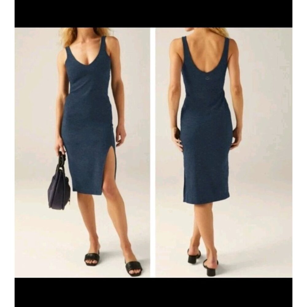 Beyond Yoga Inspire Spacedye Midi Dress Navy Blue Built In Bra Slit V Neck Sz M
